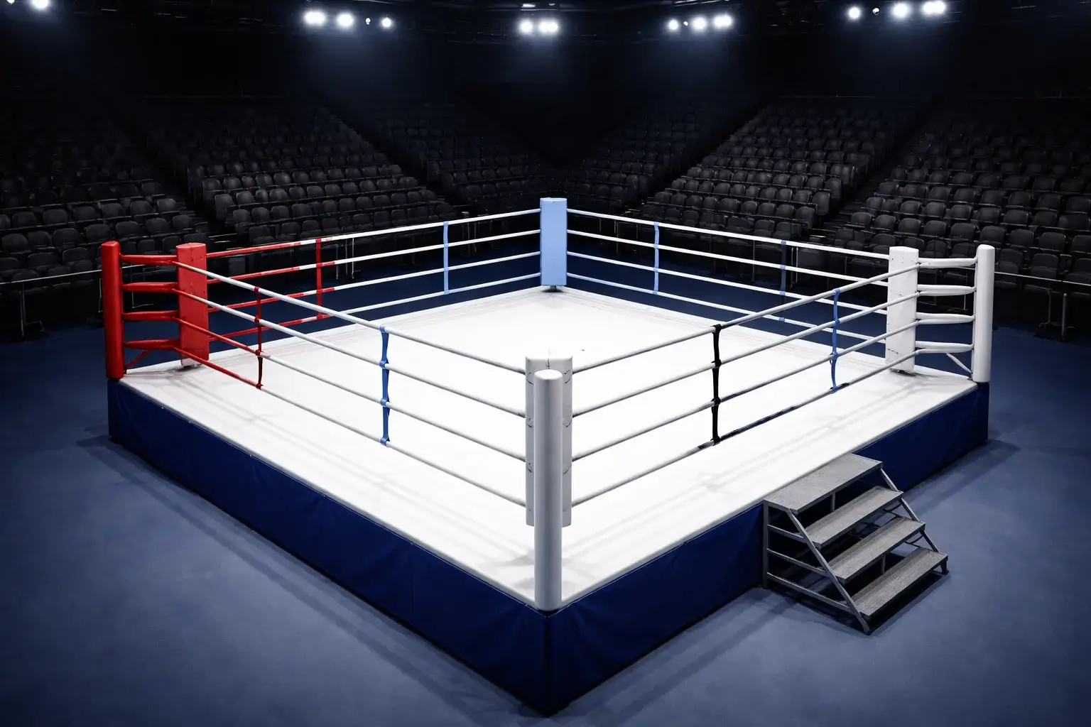 Leerer Boxring mit Seilen und Ecken aus der Vogelperspektive