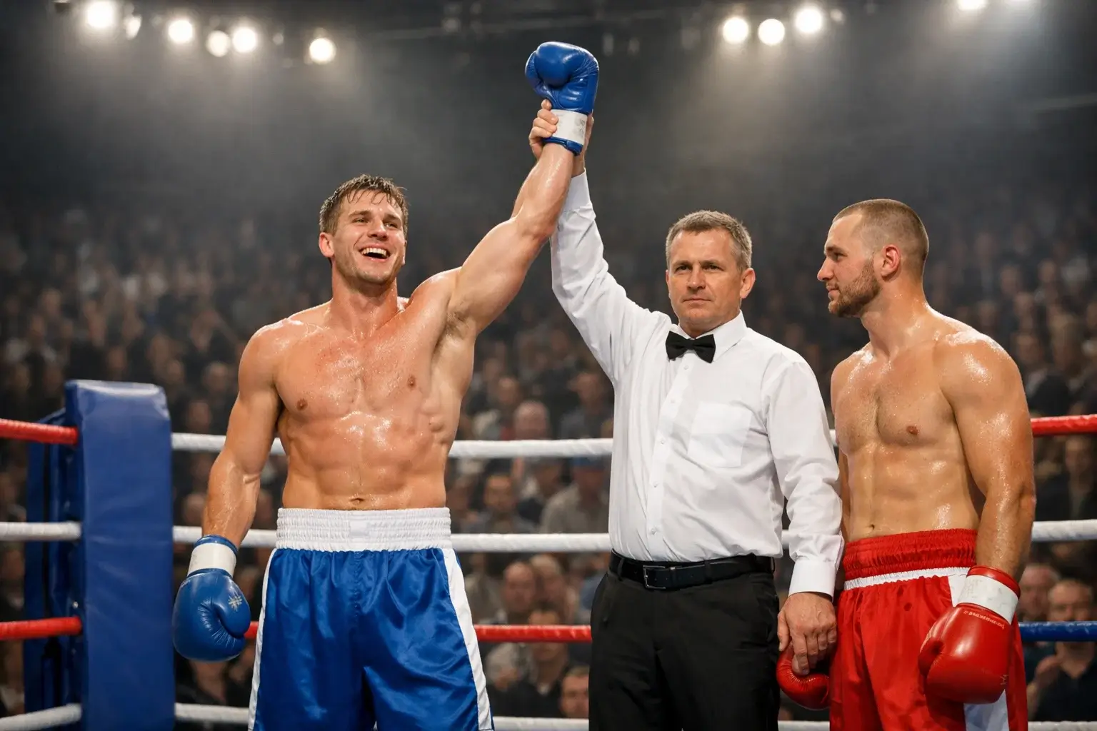 Entscheidender Moment mit Ringrichter der den Sieger verkündet