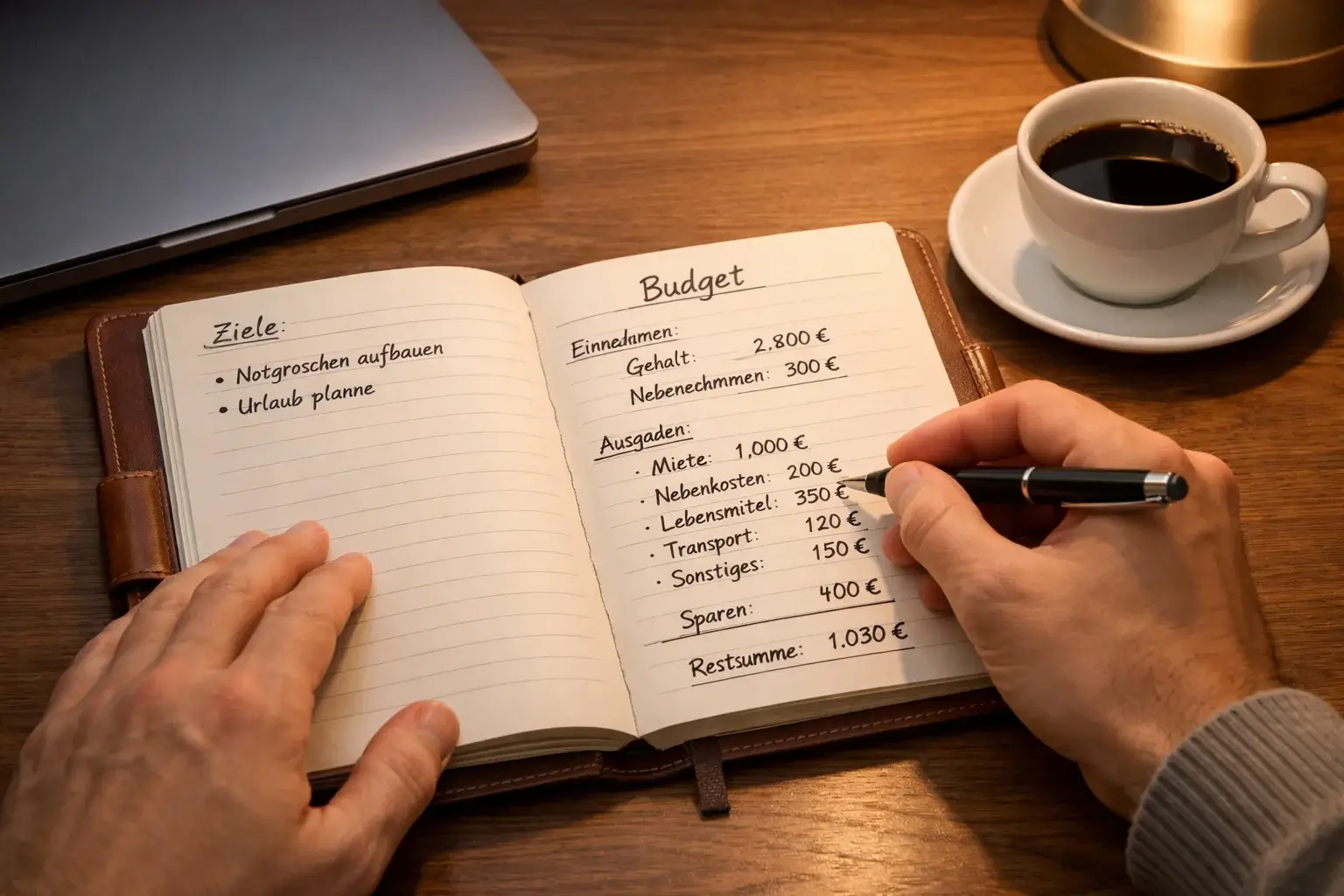Person notiert Wettbudget in einem Notizbuch mit Stift