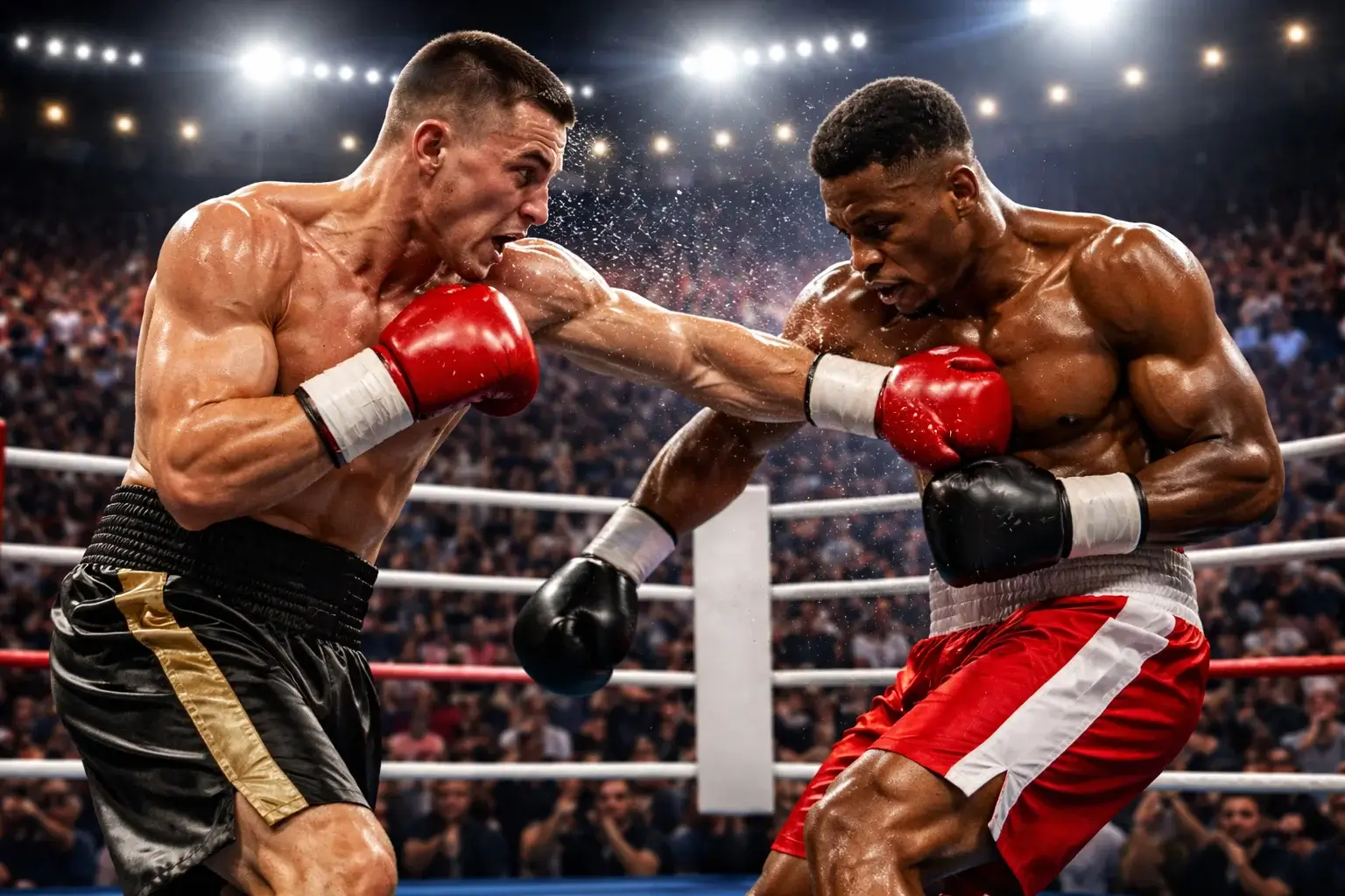 Spannender Moment während eines Boxkampfes mit begeistertem Publikum im Hintergrund