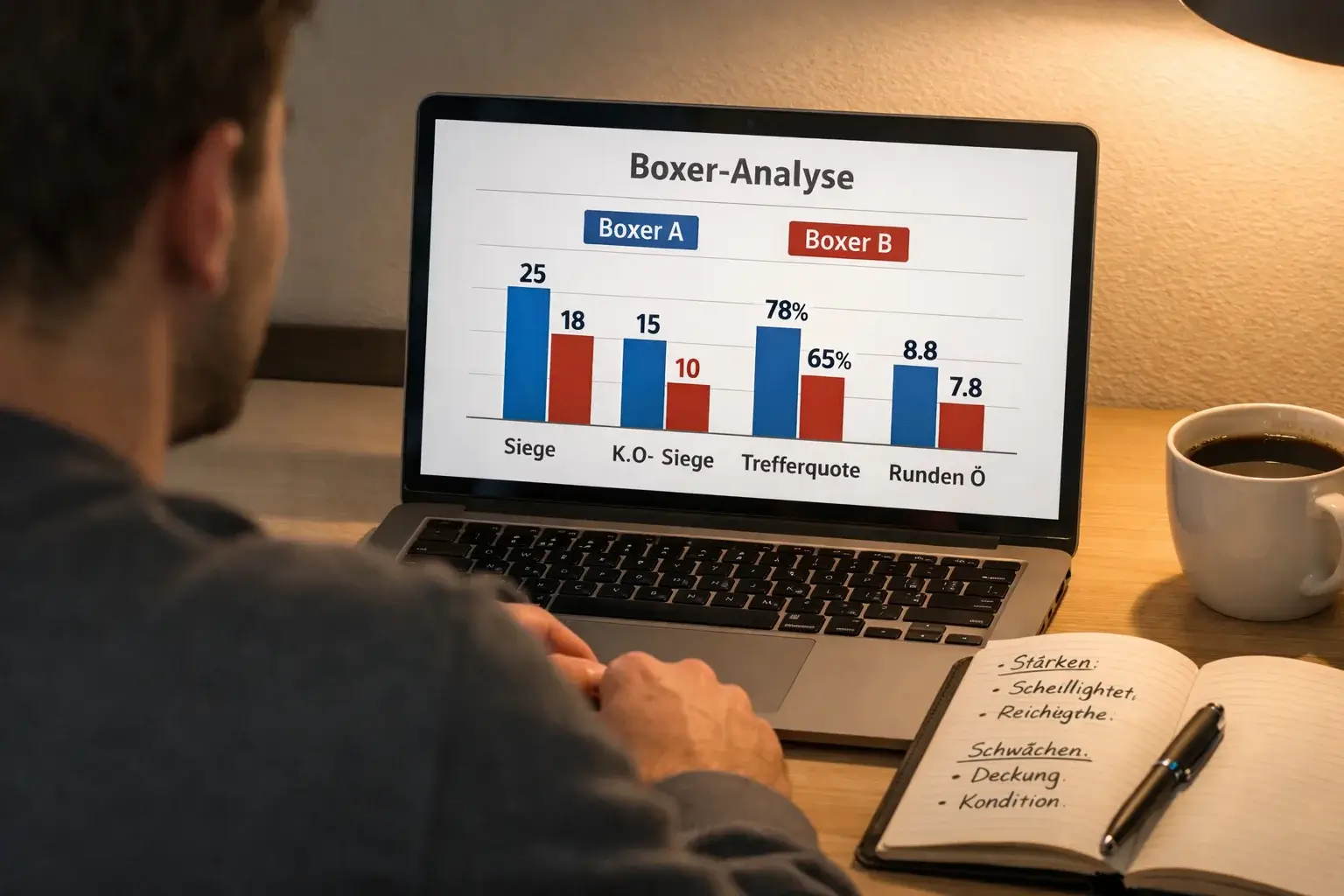 Person analysiert Boxkampf-Statistiken und Wettquoten am Laptop