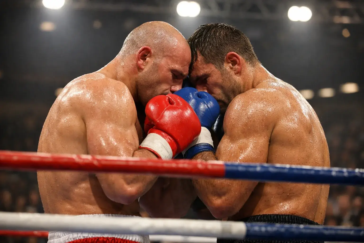 Zwei Boxer im Clinch während eines intensiven Profikampfes im Ring