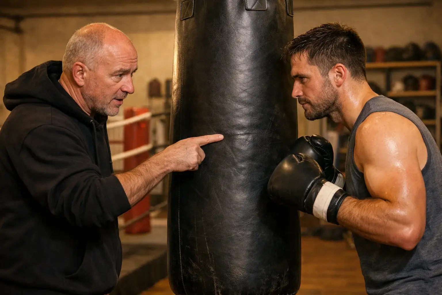 Boxtrainer erklärt Kampftaktik am Sandsack im professionellen Gym