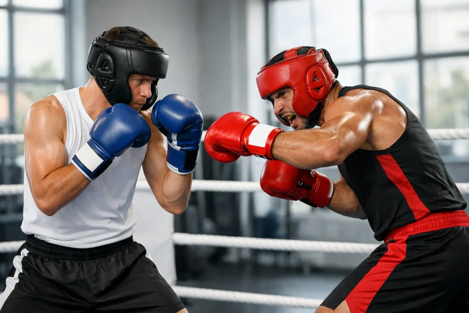 Zwei Boxer mit unterschiedlichen Kampfstilen im Sparring