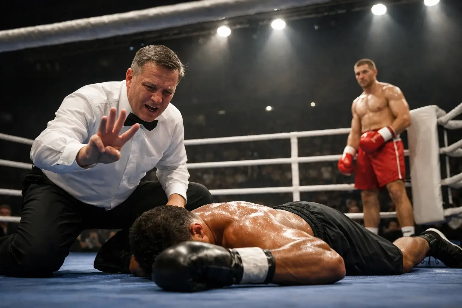 Ringrichter zählt nach einem Niederschlag im Boxkampf