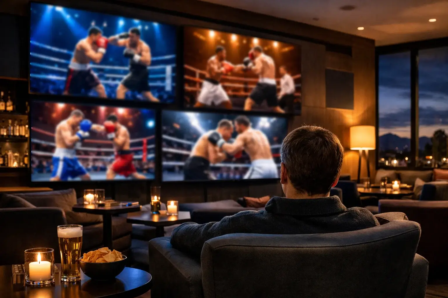 Mehrere Boxkämpfe auf Bildschirmen in einer Sportwetten-Lounge