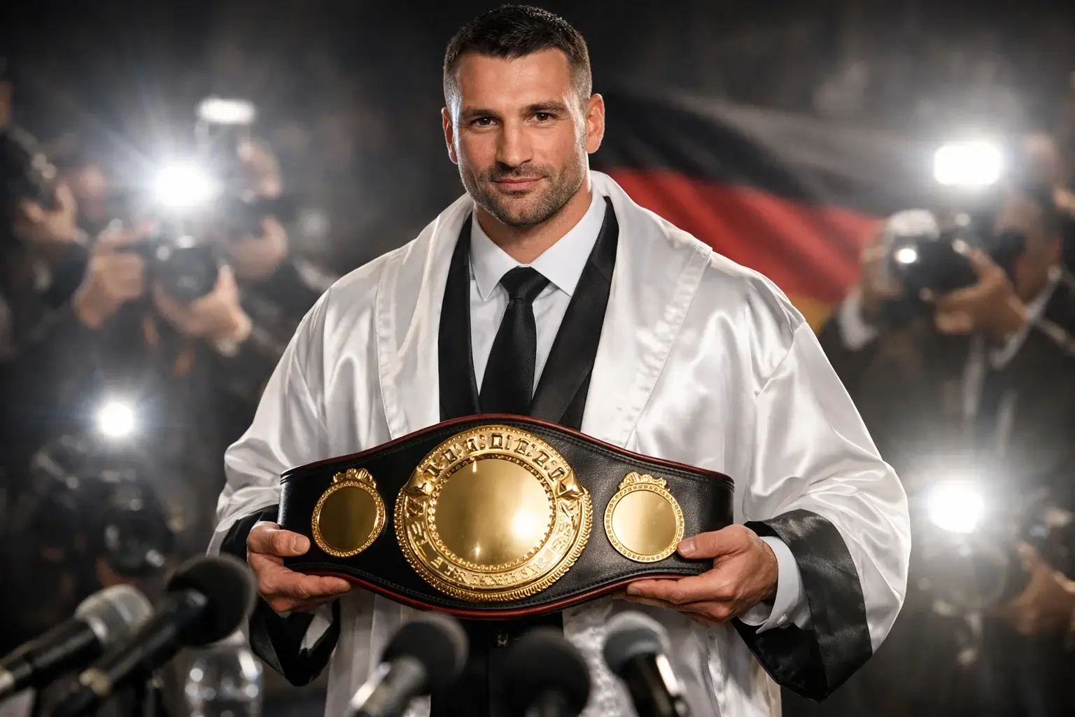 Boxer mit Weltmeistergürtel bei der Präsentation