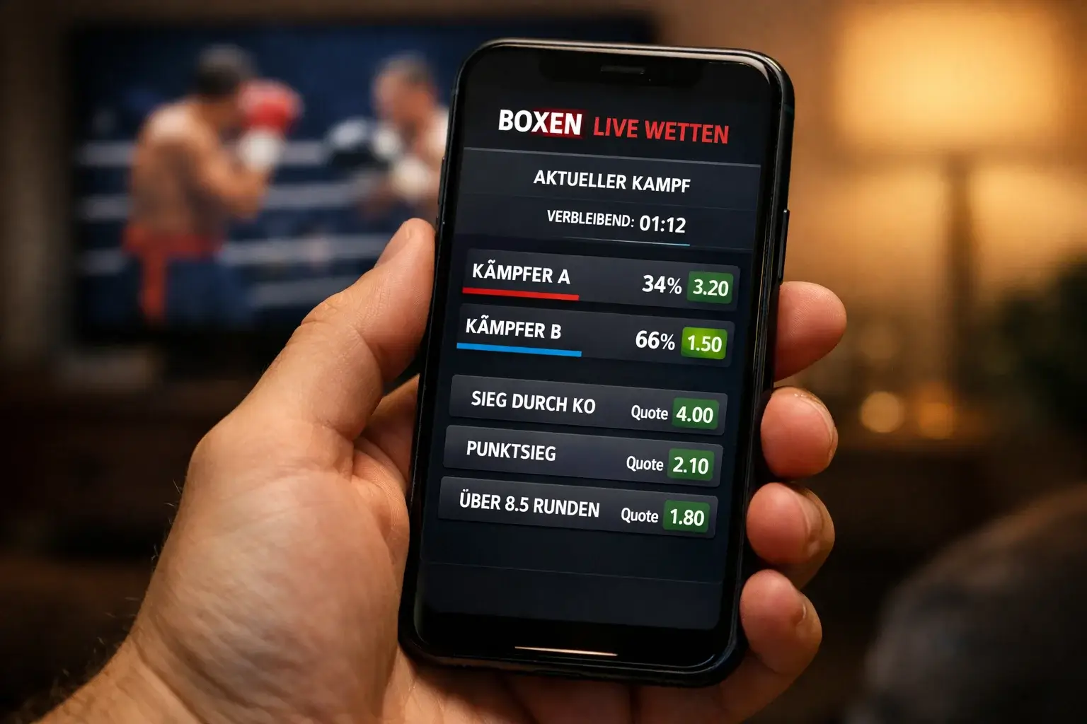 Smartphone zeigt Live-Wettquoten während eines Boxkampfes