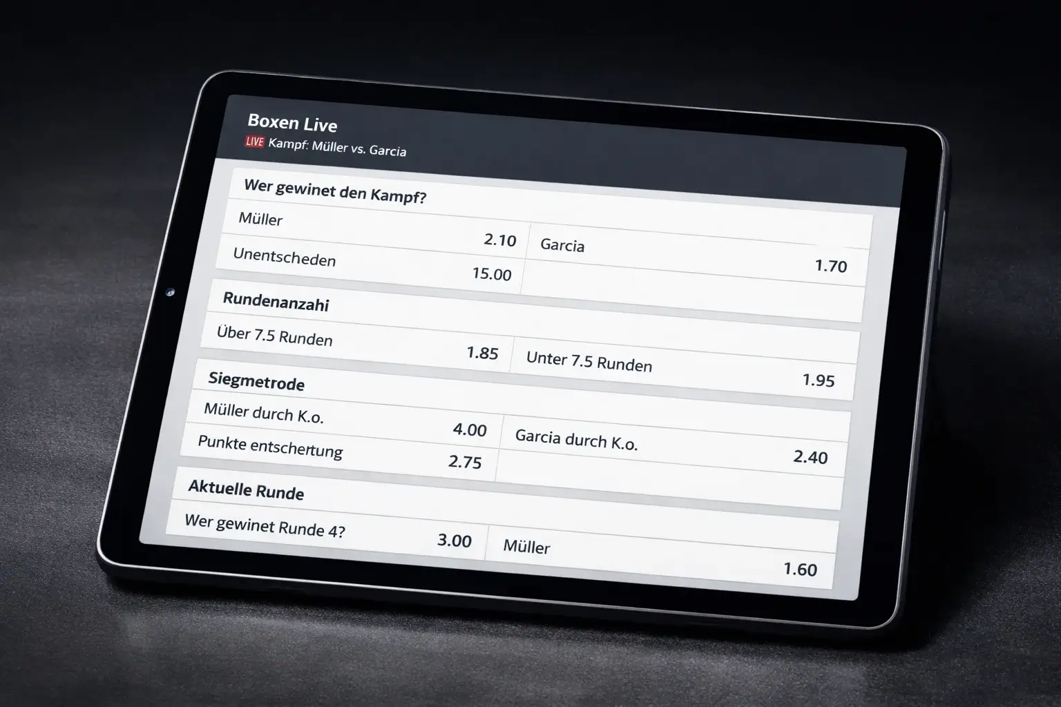 Übersicht verschiedener Wettmärkte auf einem Tablet