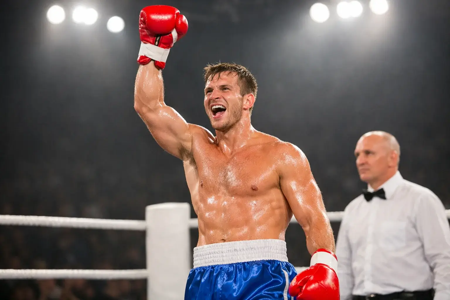 Boxer hebt siegreich die Faust nach gewonnenem Kampf