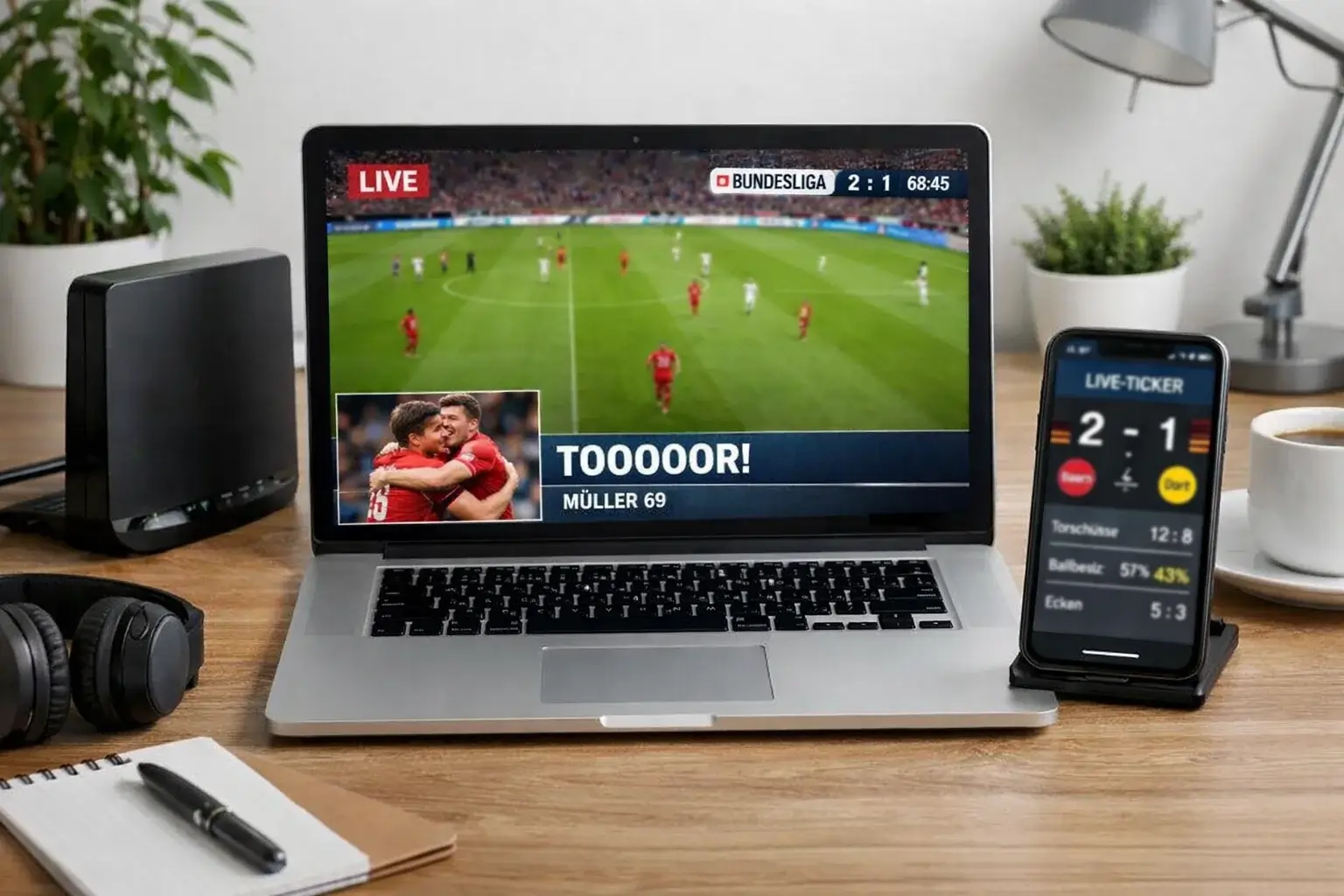 Modernes Setup mit Laptop und Smartphone für Live-Streaming