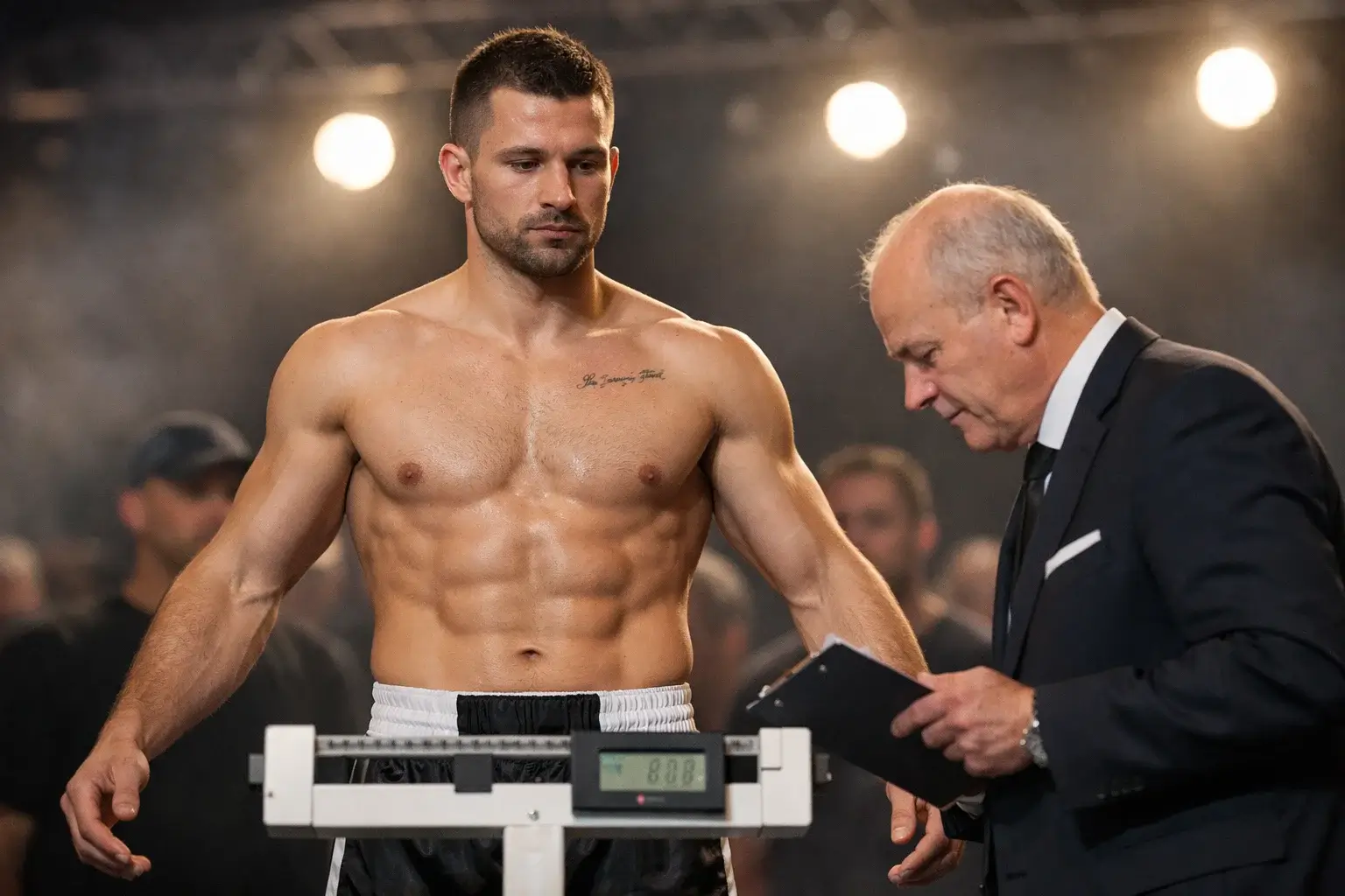 Boxer auf der Waage beim offiziellen Wiegen vor dem Kampf